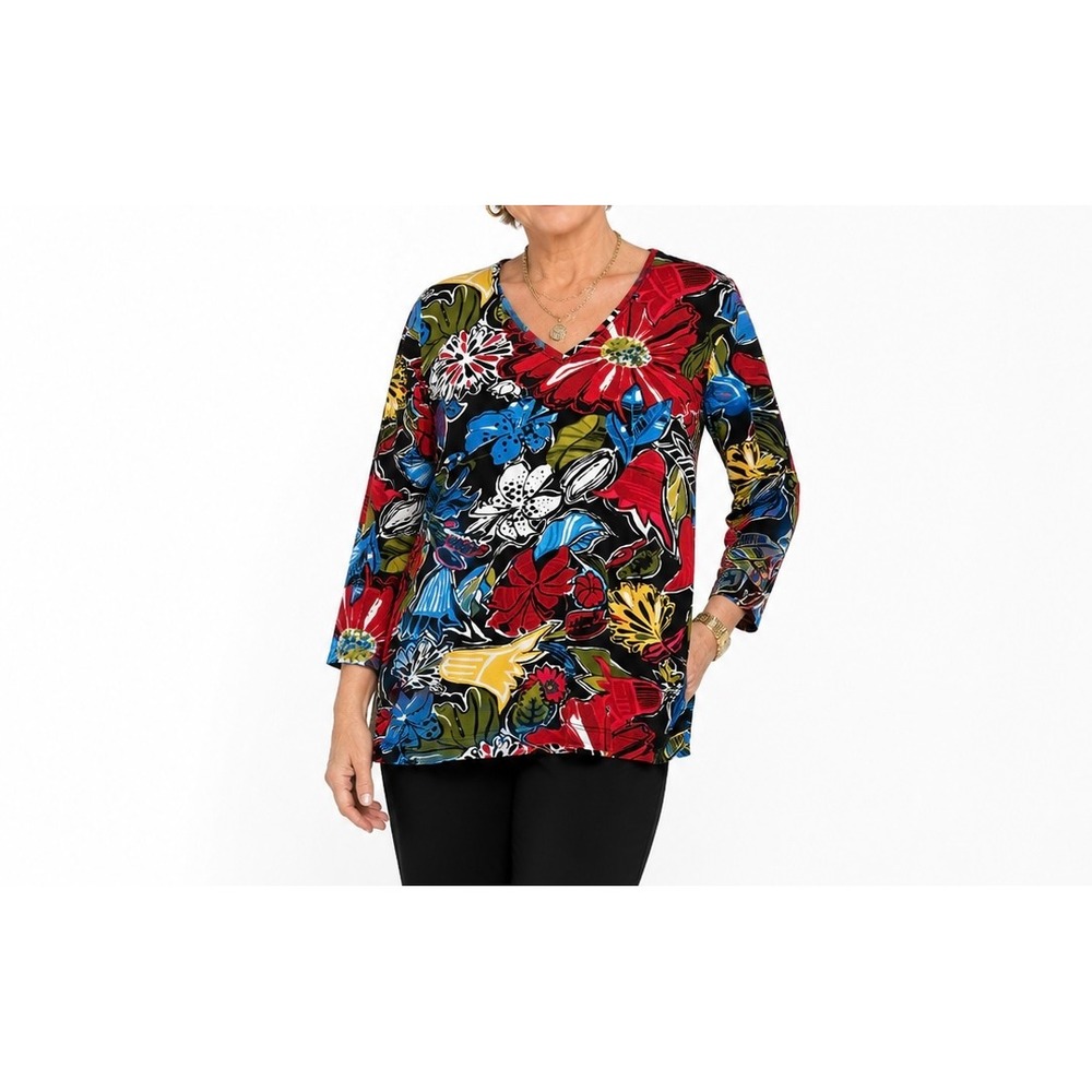 Chicos Floral V-Neck Tunic Top 100% Cotton 3/4 Sleeve Multicolor Size 3 Large XL